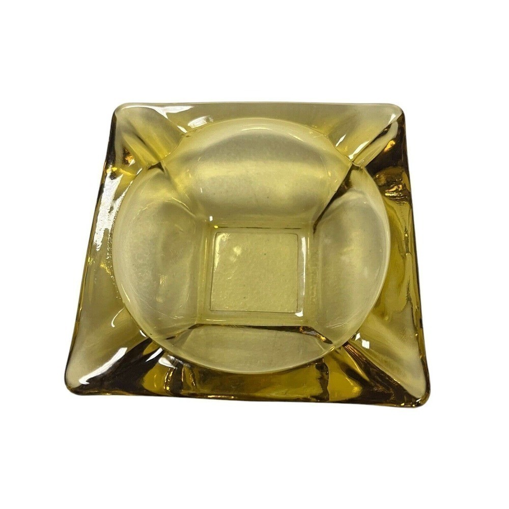 AMBER glass ashtray MCM square four dip